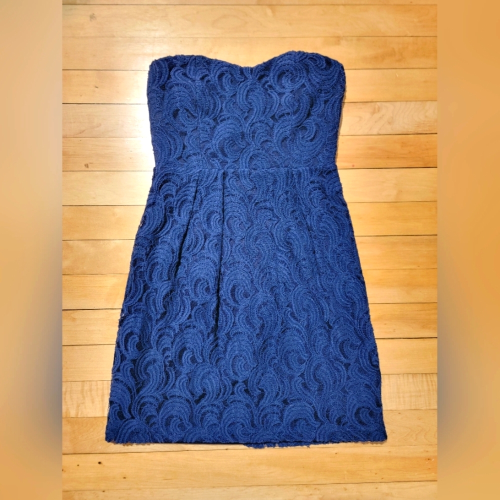 PRETTY GOOD Womens Dress S Navy Lace Strapless Sweetheart Neck